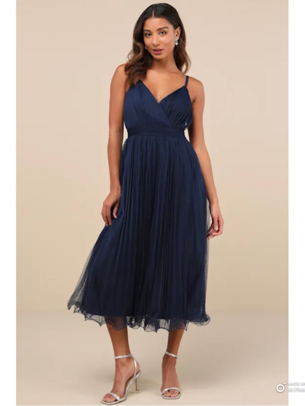 Lulus Large Exemplary Aura Navy Blue Tulle Surplice Midi Dress NWT